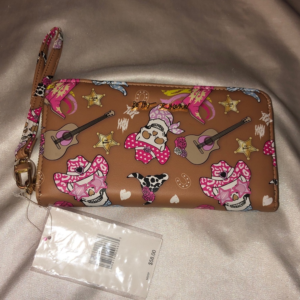 Betsey Johnson Brown Multi Cowgirl Skull Western ZA Continental Wallet NWT